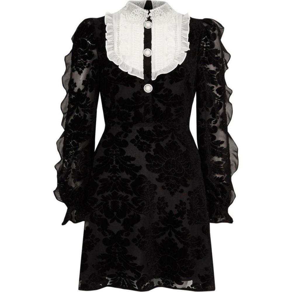 ISO River Island Black Burnout Frill Bib Long Sleeve Dress